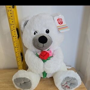 White and Gray Teddy Bear with Red Rose
